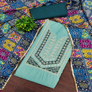 Stylish Turquoise Cotton Blend Dress Material Enriched With Floral Embroidery & Sequins Work