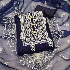 Navy Blue Floral Embroidered Organza Dress Material