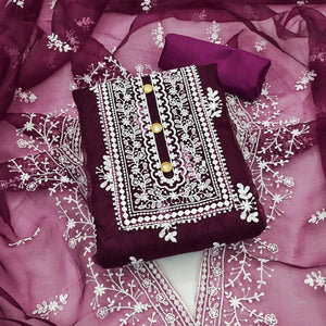 Wine Floral Embroidered Organza Dress Material