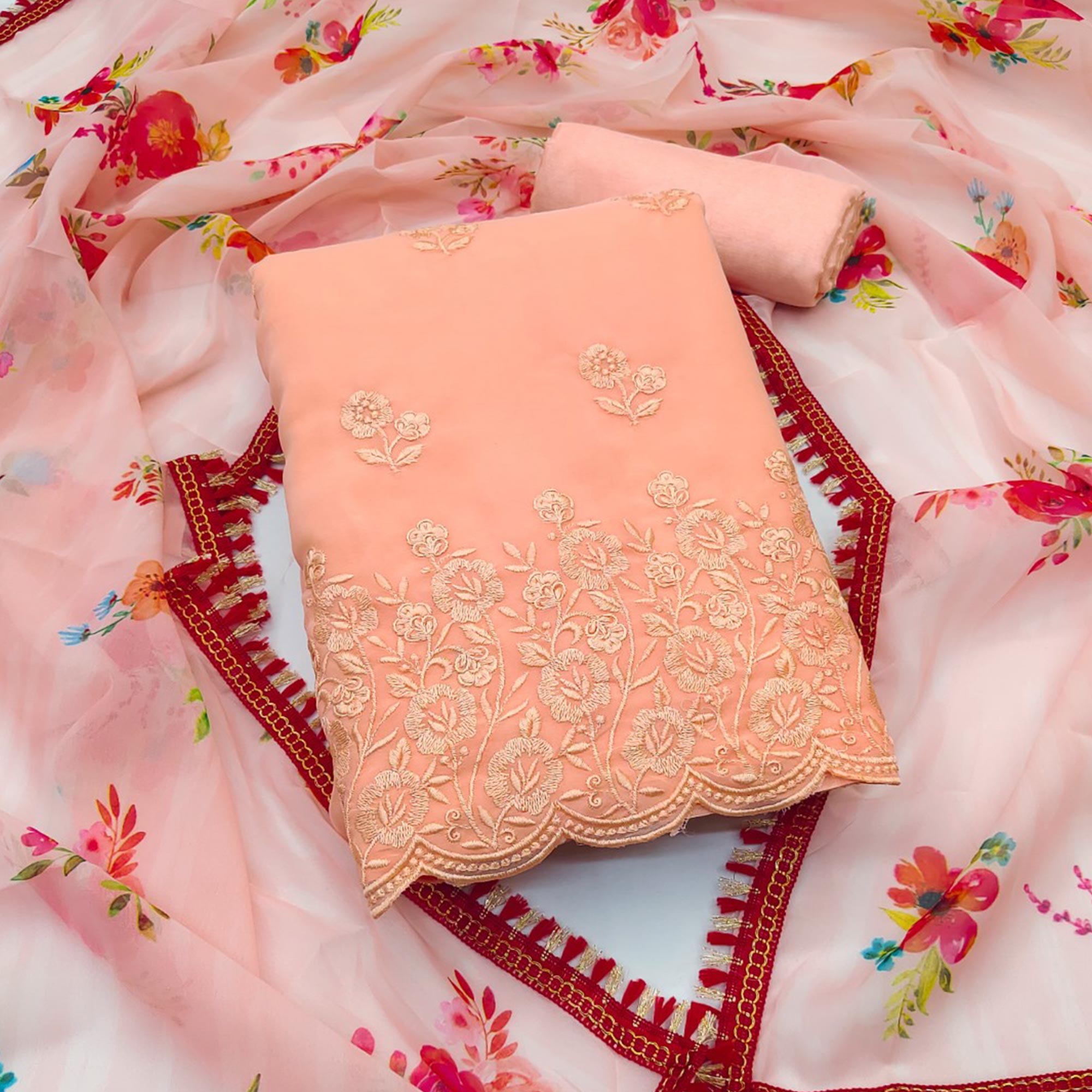 Peach Georgette Dress Material With Intricate Floral Thread Embroidery