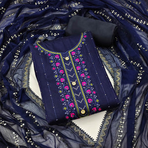 Navy Blue Sequins Embroidered Chanderi Dress Material