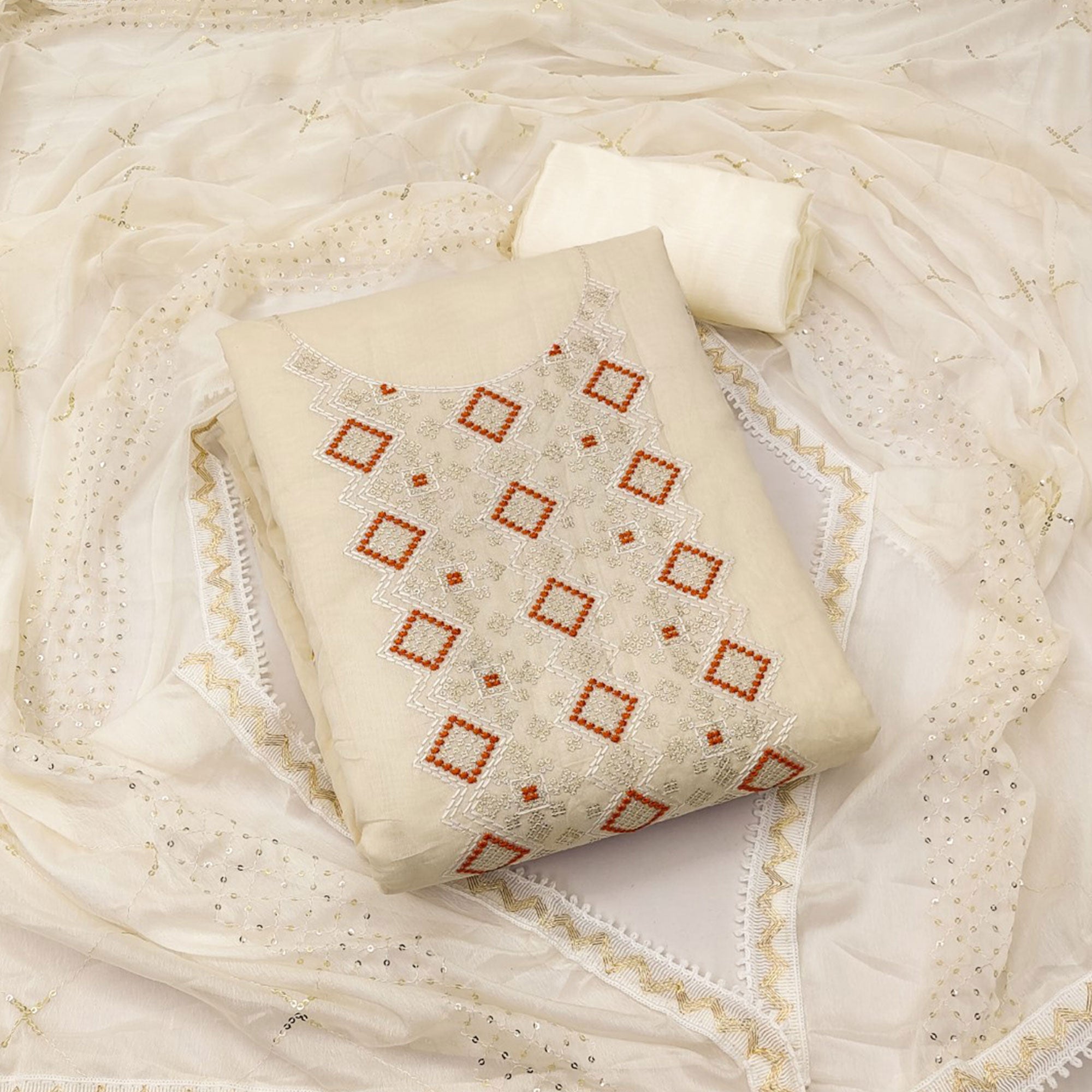 Chanderi Cotton Dress Material In Cream With Intricate Thread & Sequin Embroidery