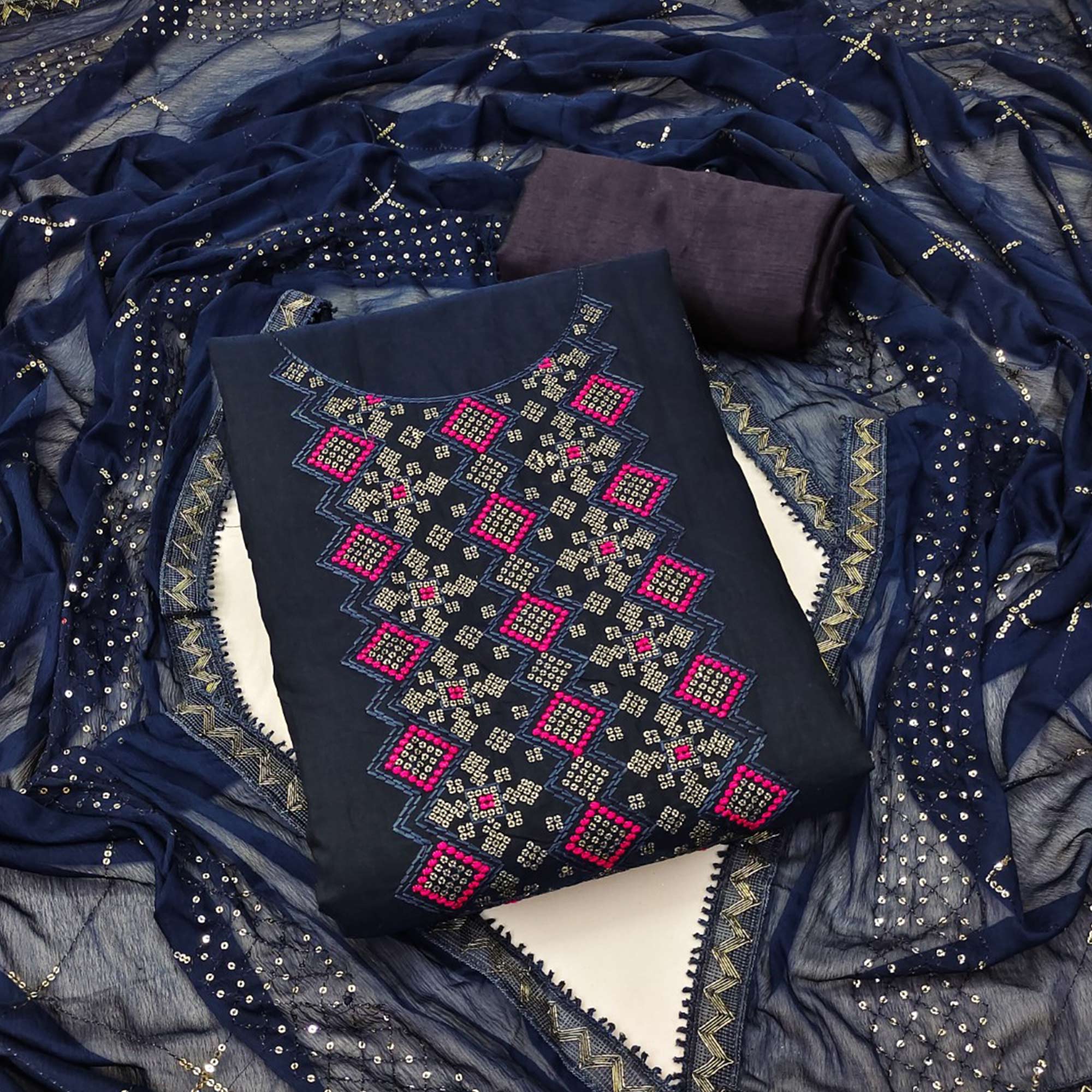 Chanderi Cotton Dress Material In Navy Blue With Intricate Thread & Sequin Embroidery