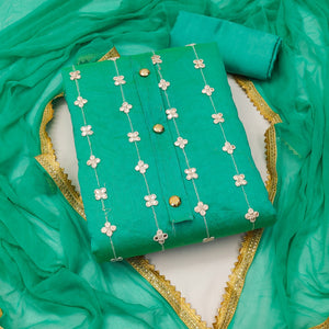 Rama Green Dress Material With Floral Embroidery & Traditional Gota Patti Work