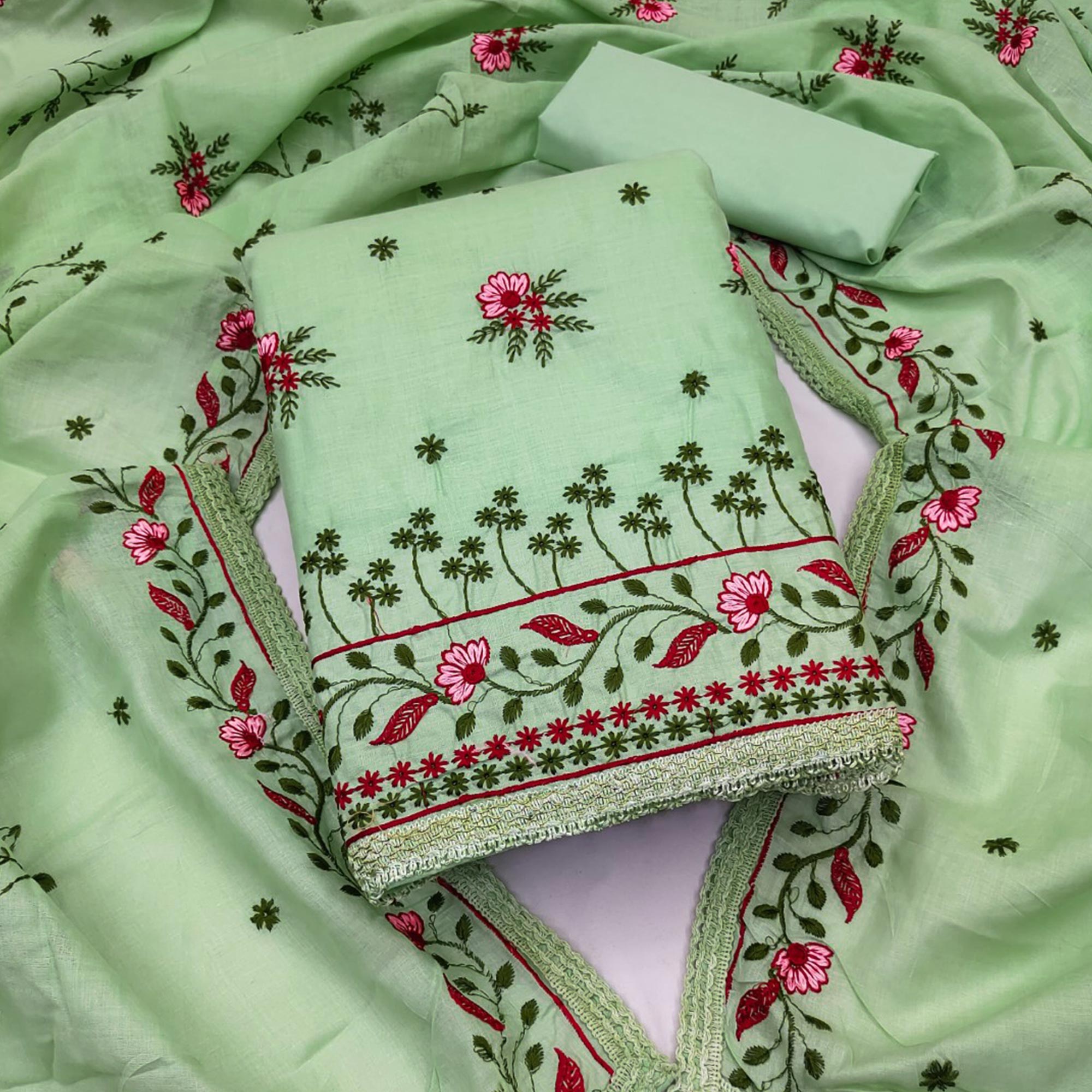 Green Cotton Blend Dress Material With Delicate Floral Thread Embroidery