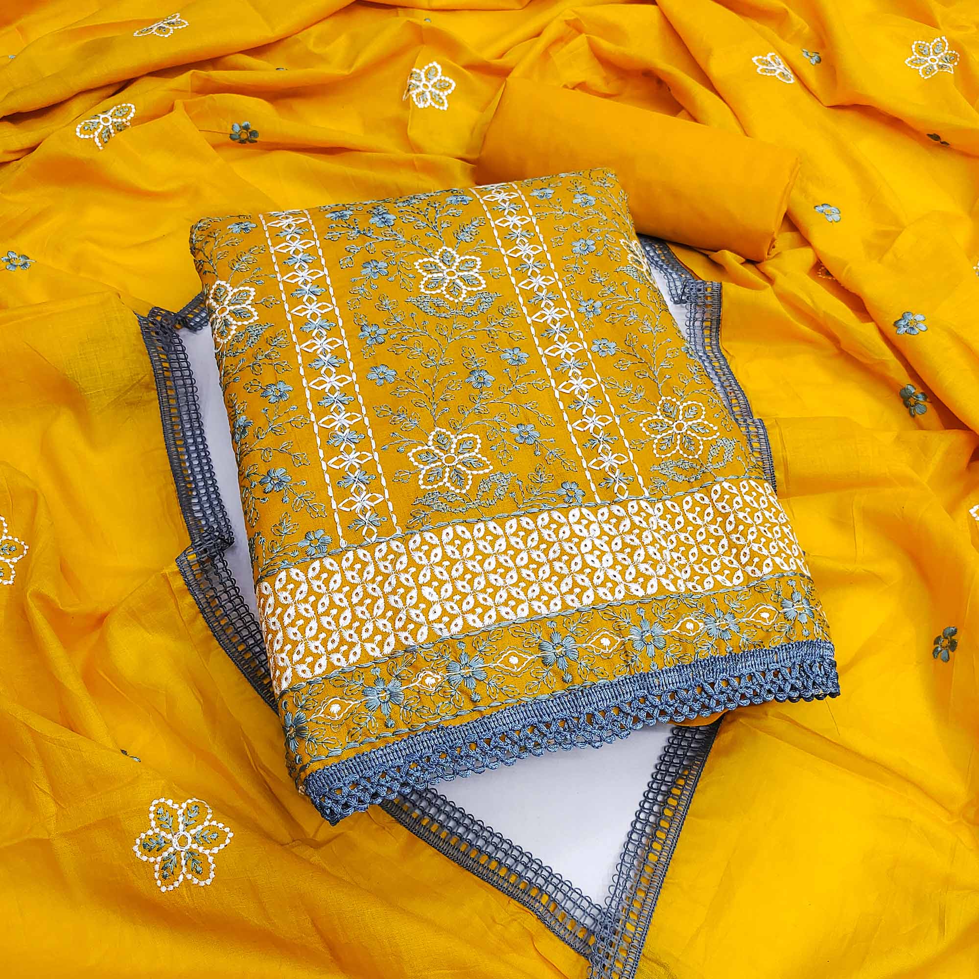 Mustard Floral Embroidered Pure Cotton Dress Material