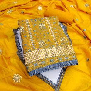 Mustard Floral Embroidered Pure Cotton Dress Material