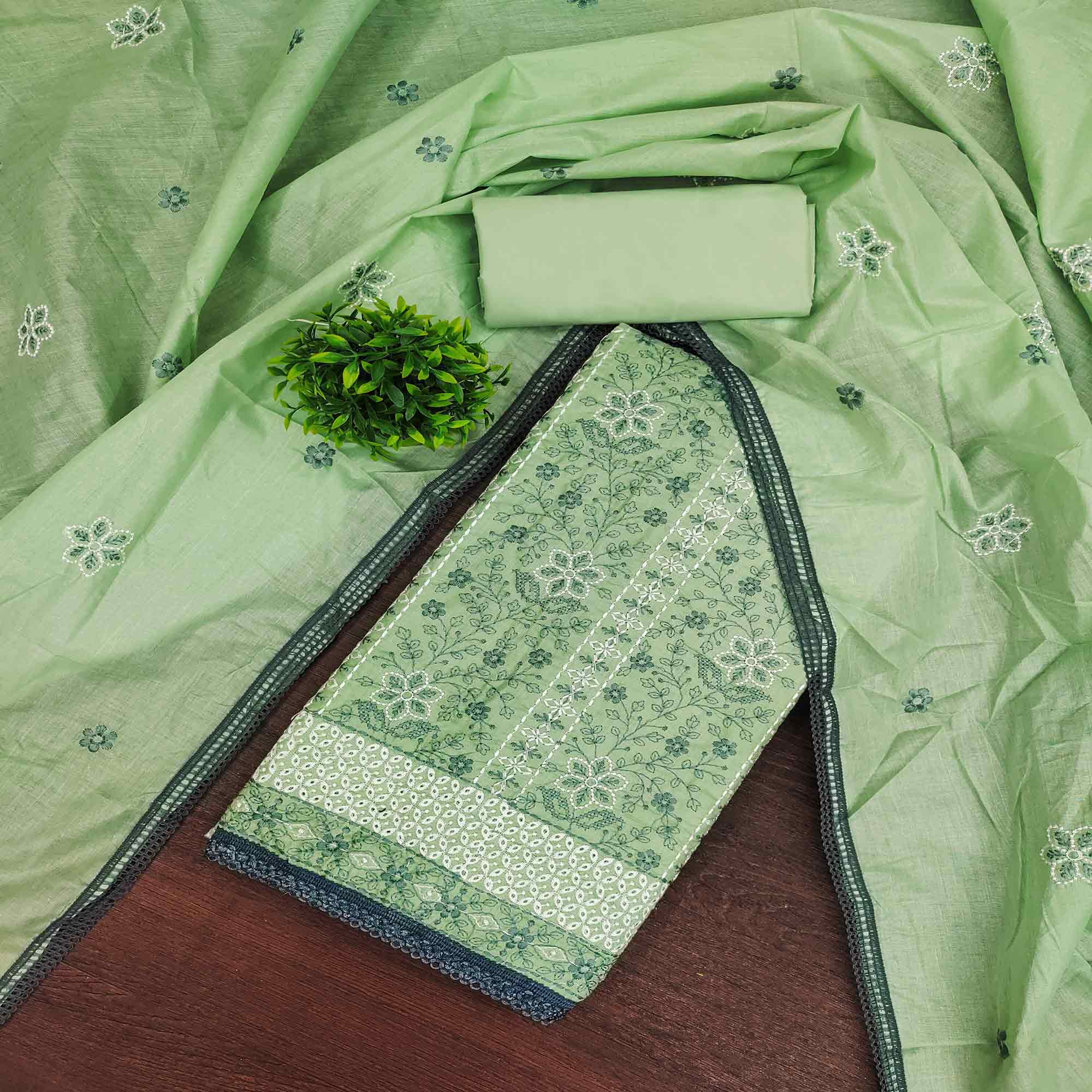 Pista Green Floral Embroidered Pure Cotton Dress Material