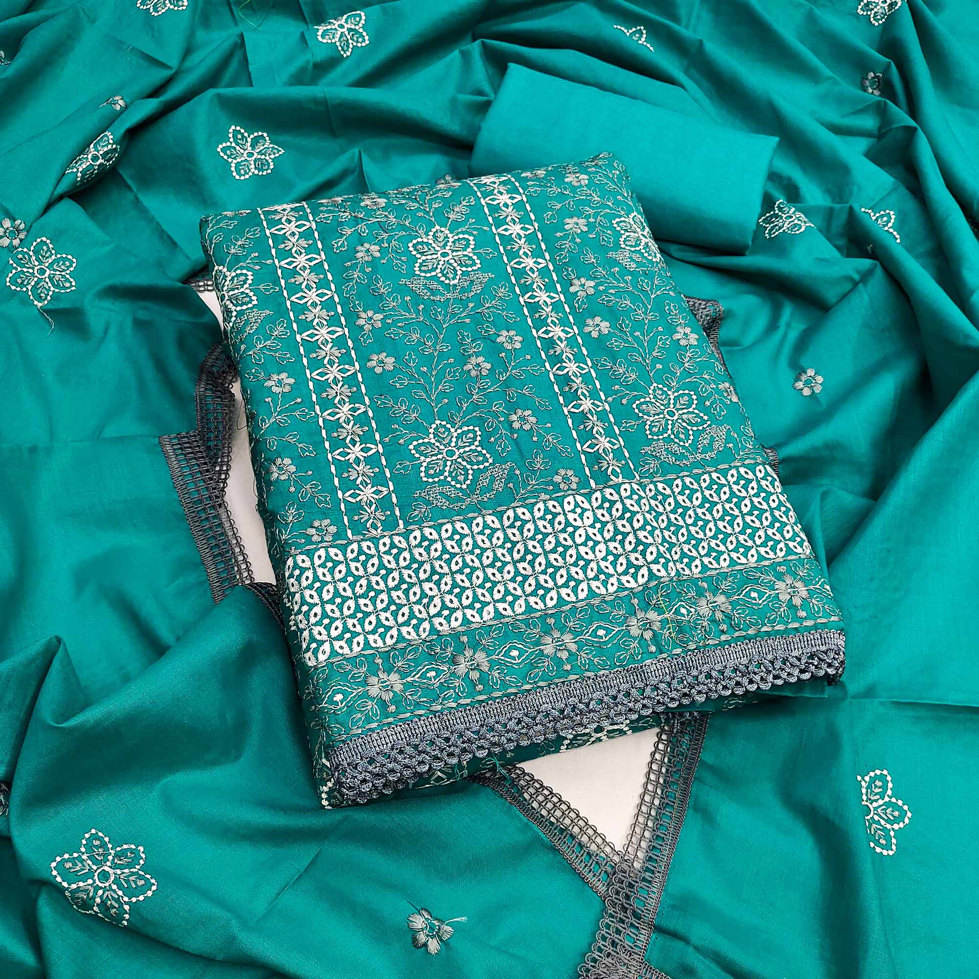 Rama Blue Floral Embroidered Pure Cotton Dress Material