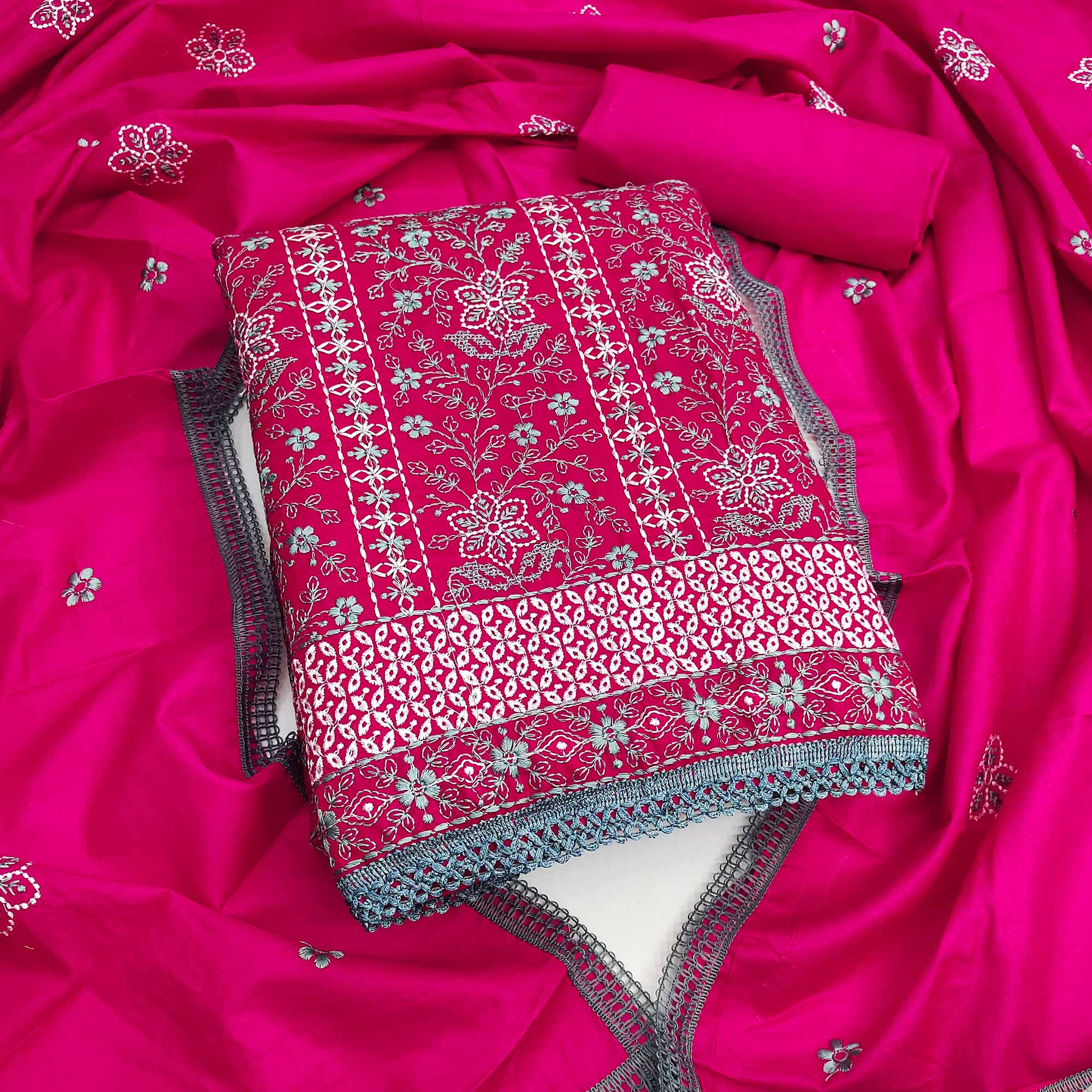 Rani Pink Floral Embroidered Pure Cotton Dress Material