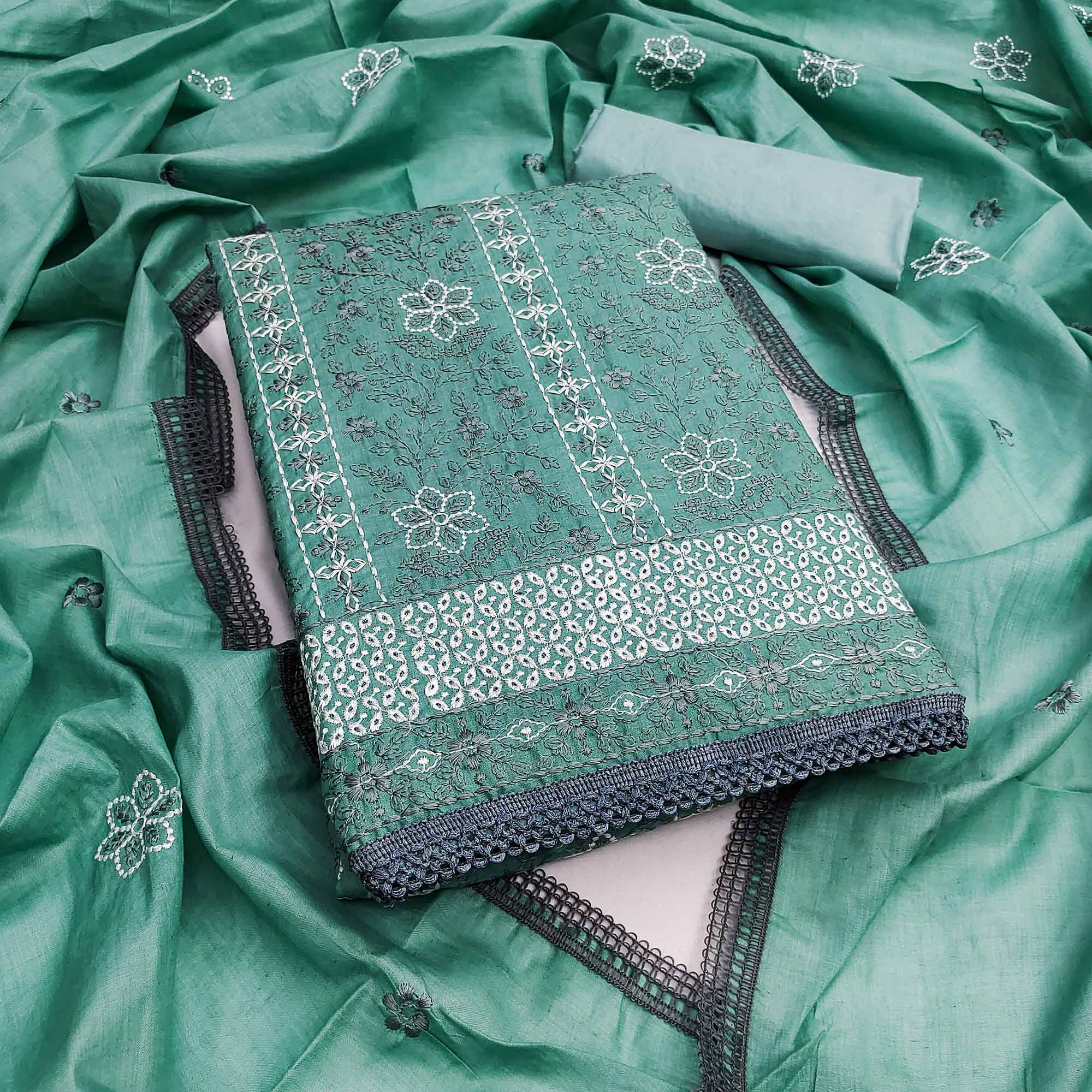 Turquoise Floral Embroidered Pure Cotton Dress Material