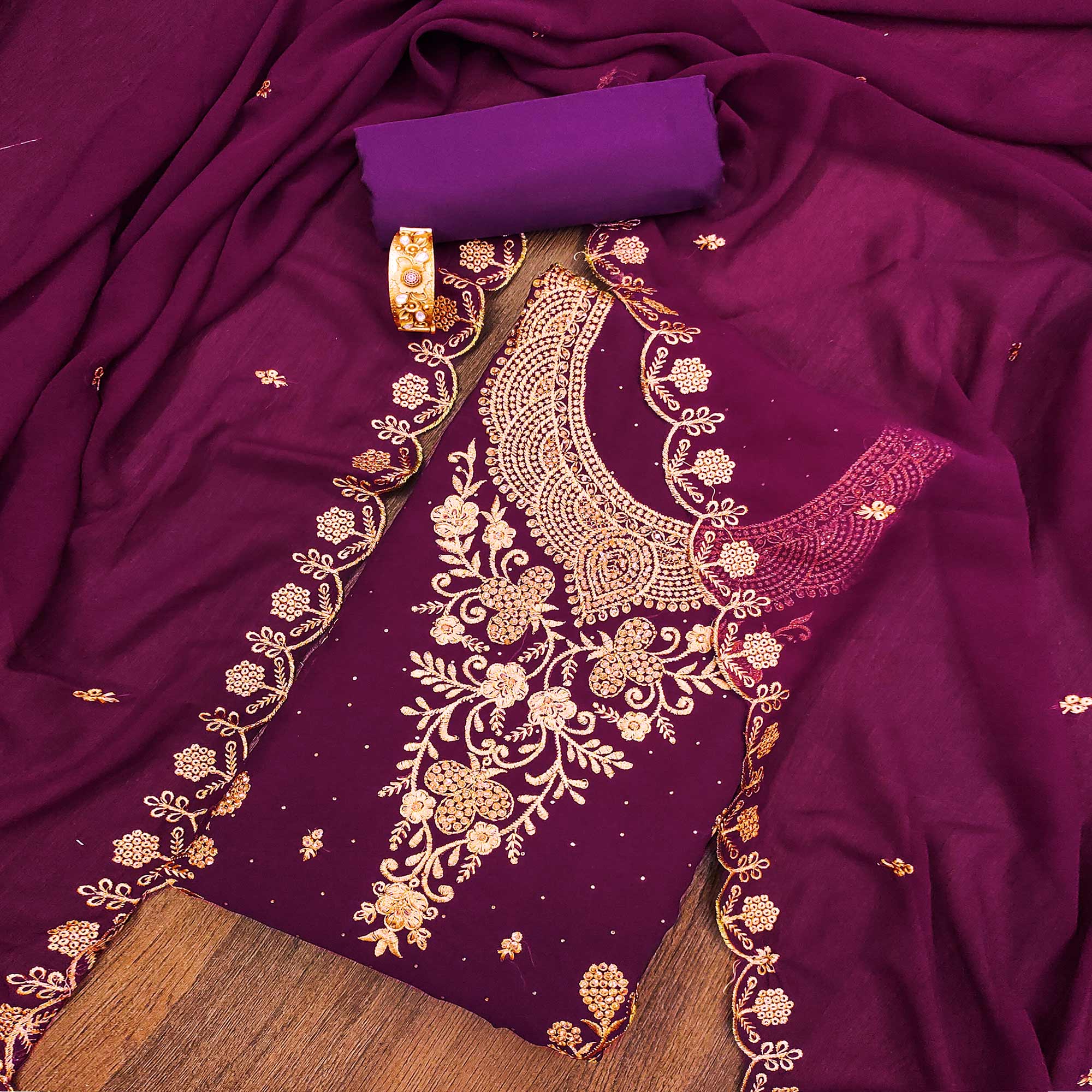 Purple Floral Embroidered Georgette Dress Material