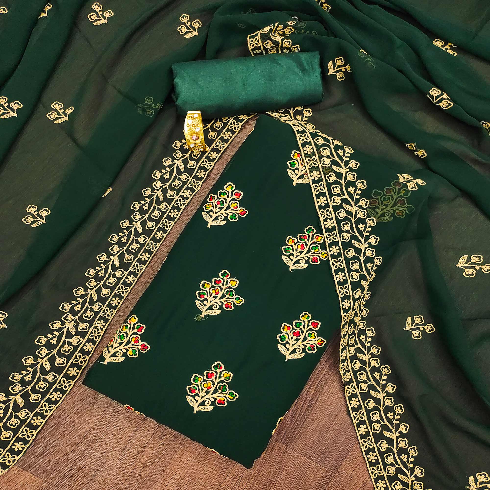 Green Floral Embroidered Georgette Dress Material
