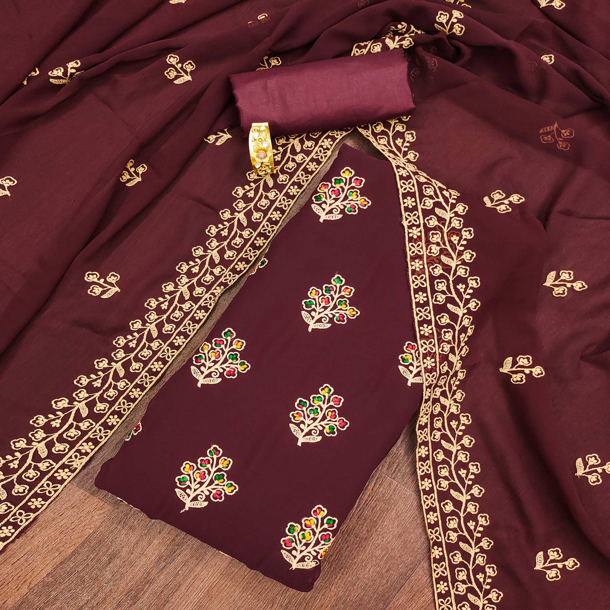 Maroon Floral Embroidered Georgette Dress Material
