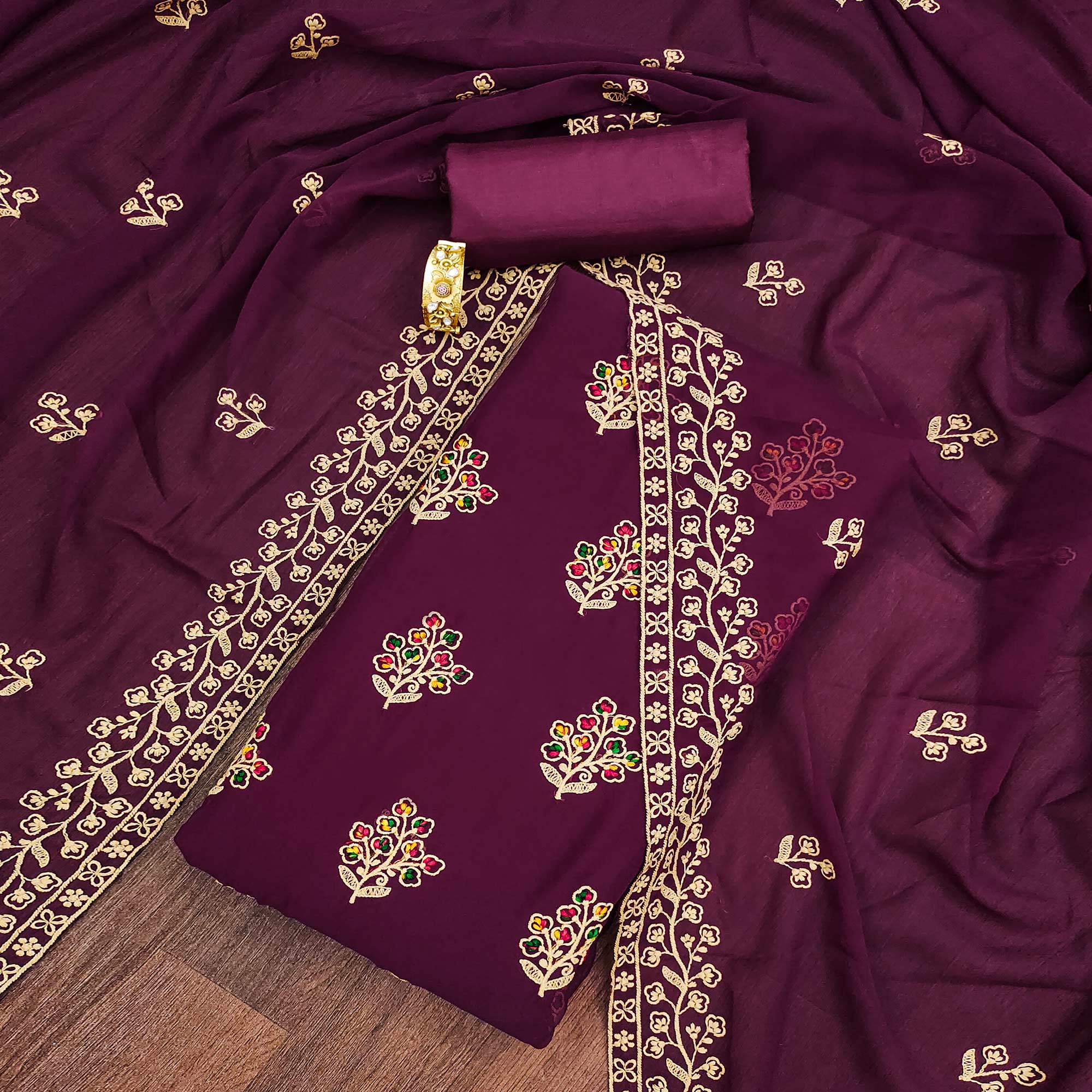 Purple Floral Embroidered Georgette Dress Material