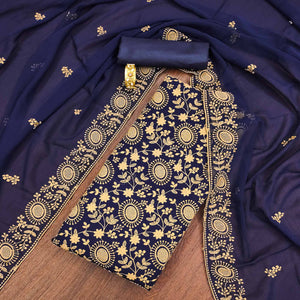 Navy Blue Floral Embroidered Georgette Dress Material