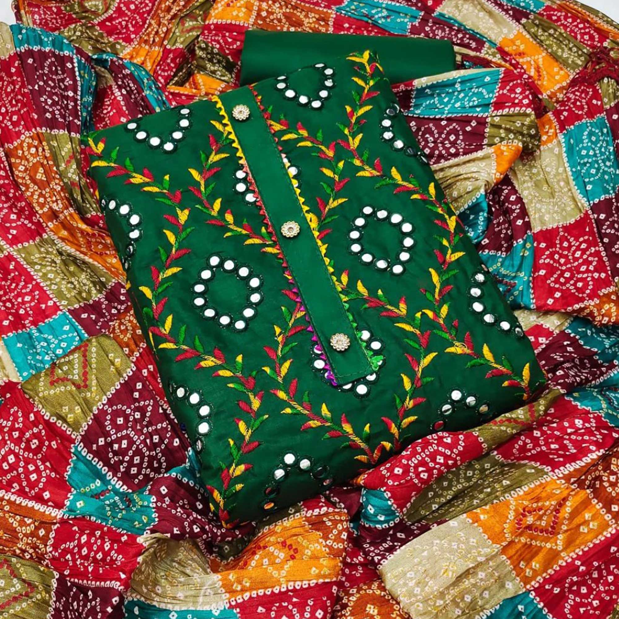 Green Embroidered Cotton Blend Dress Material