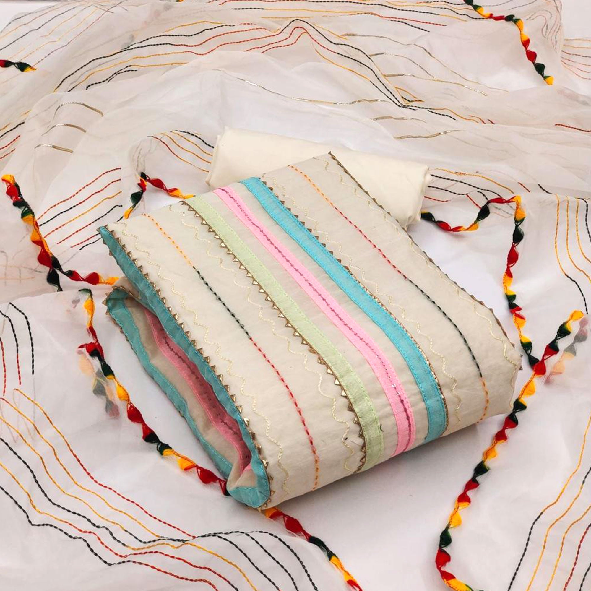 Cream Sequins Embroidered Chanderi Dress Material