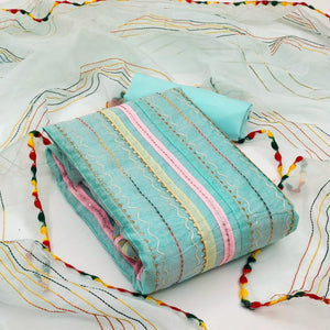 Turquoise Sequins Embroidered Chanderi Dress Material