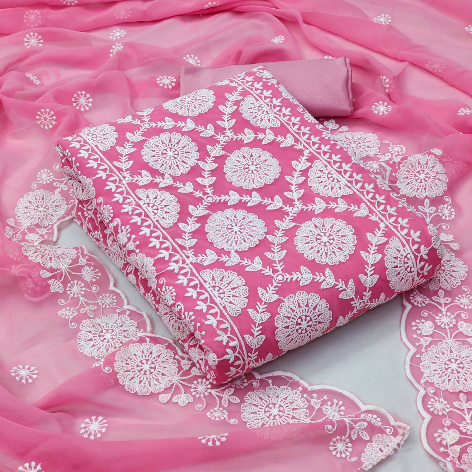 Baby Pink Floral Embroidered Georgette Dress Material