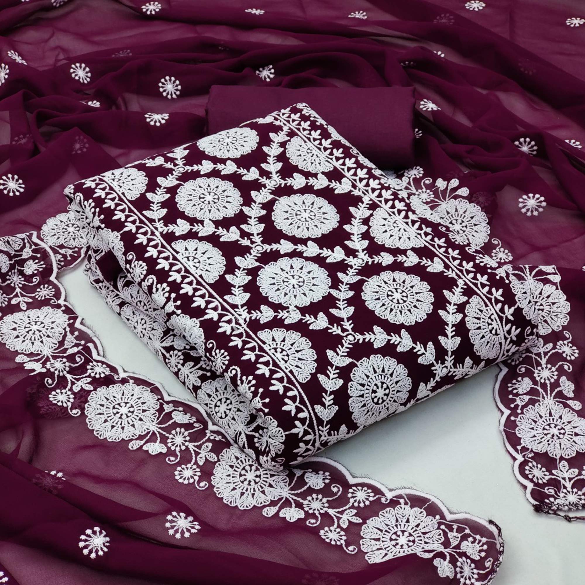 Wine Floral Embroidered Georgette Dress Material