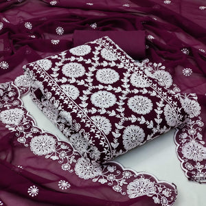 Wine Floral Embroidered Georgette Dress Material