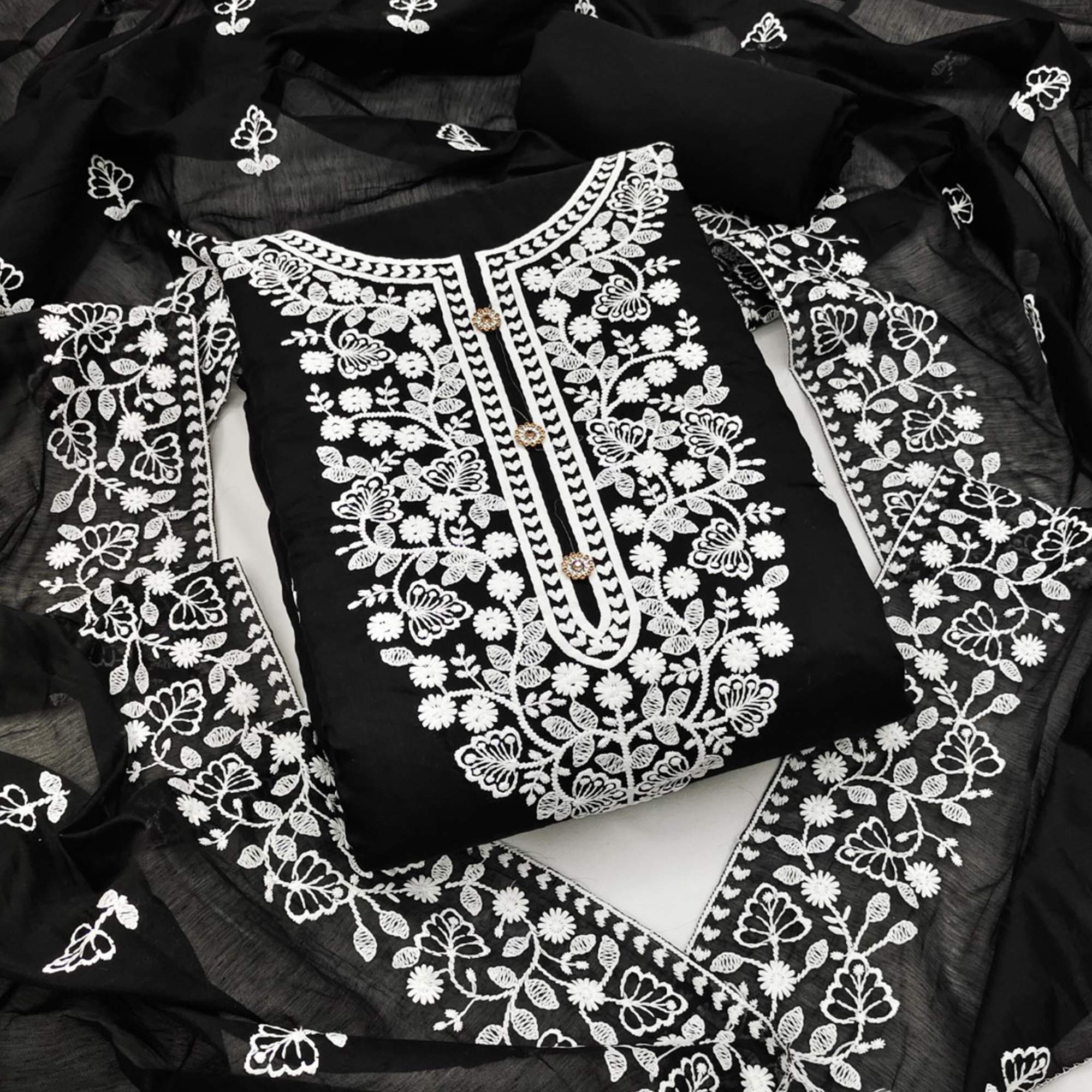 Black Floral Embroidered Chanderi Cotton Dress Material