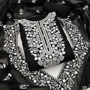 Black Floral Embroidered Chanderi Cotton Dress Material
