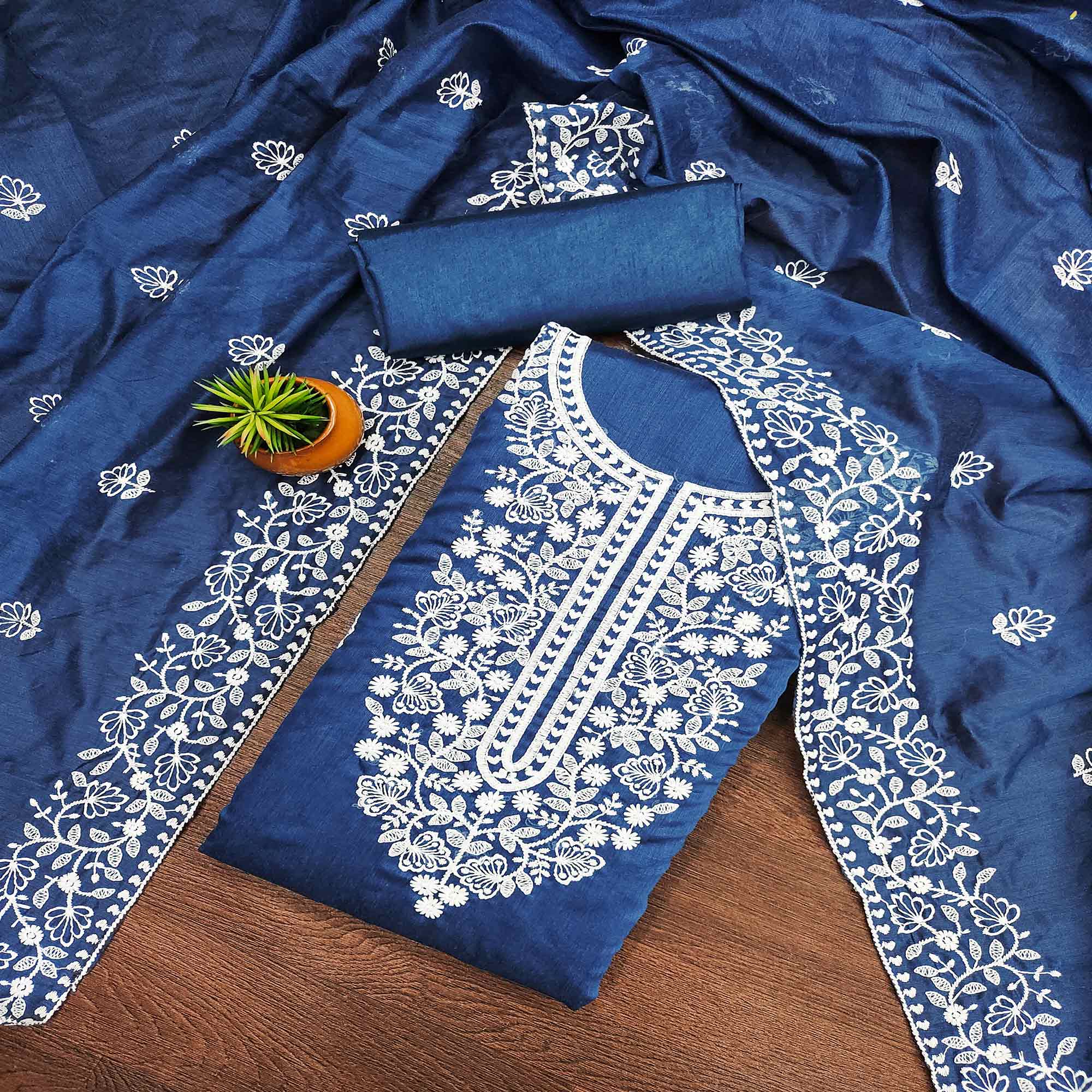 Blue Floral Embroidered Chanderi Cotton Dress Material