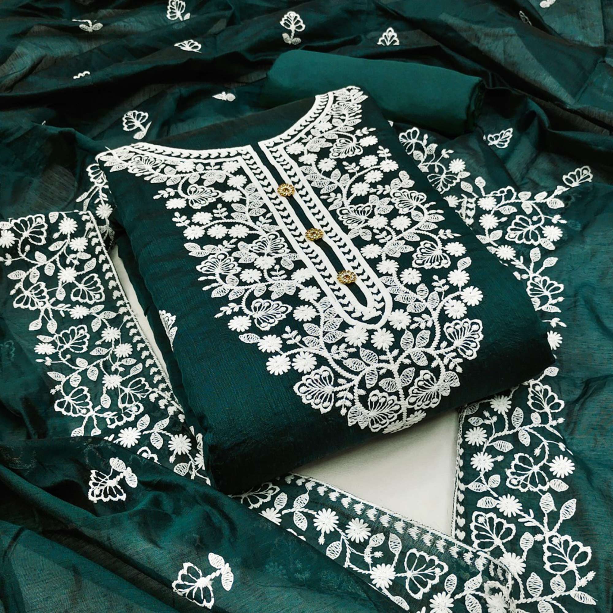 Dark Green Floral Embroidered Chanderi Cotton Dress Material