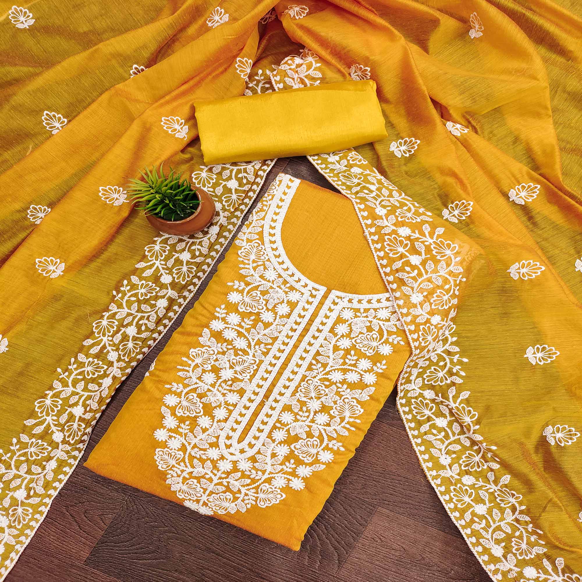 Mustard Floral Embroidered Chanderi Cotton Dress Material