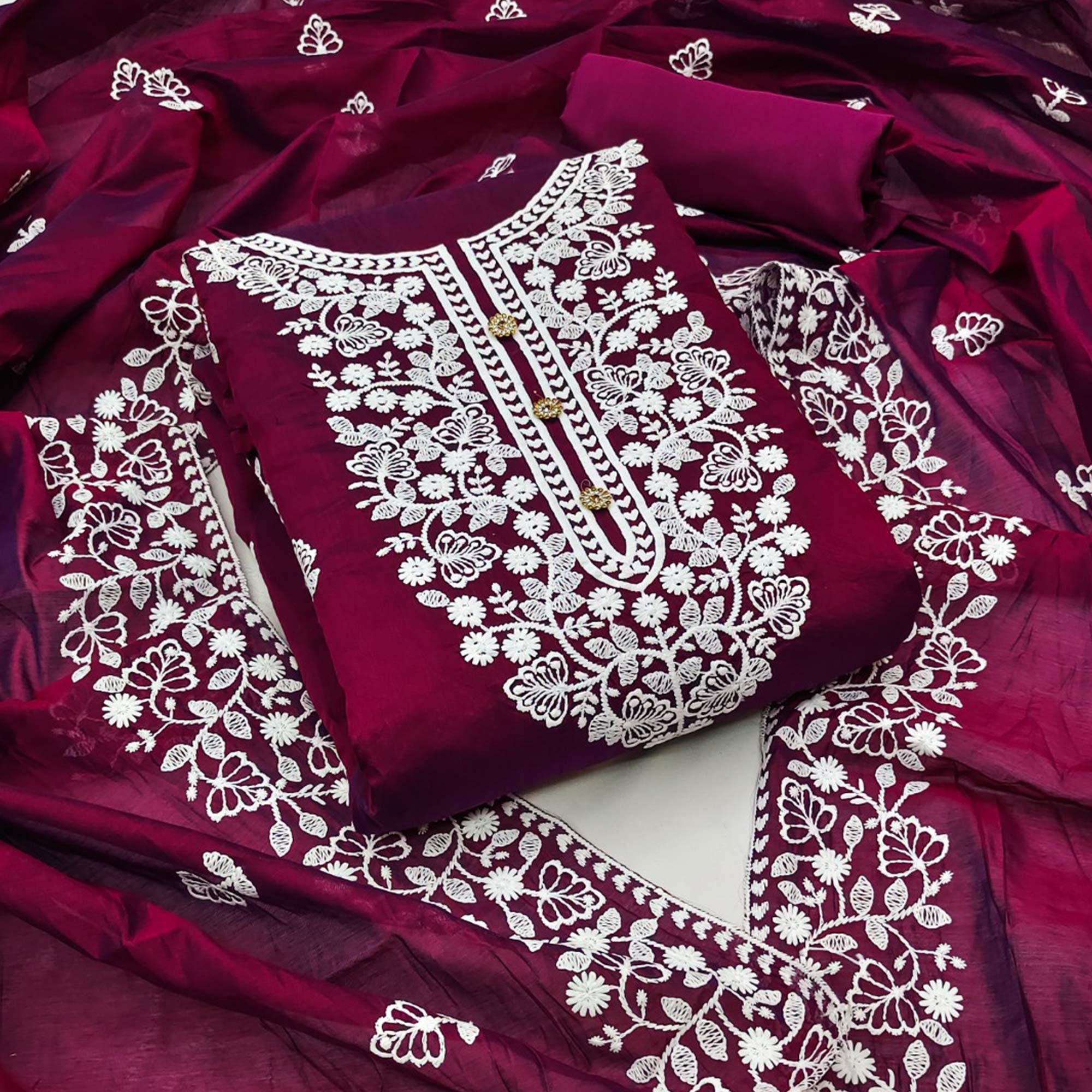 Wine Floral Embroidered Chanderi Cotton Dress Material