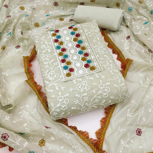 Cream Chanderi Cotton Dress Material With Floral Thread Embroidery