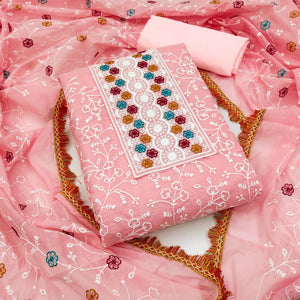 Pink Chanderi Cotton Dress Material With Floral Thread Embroidery