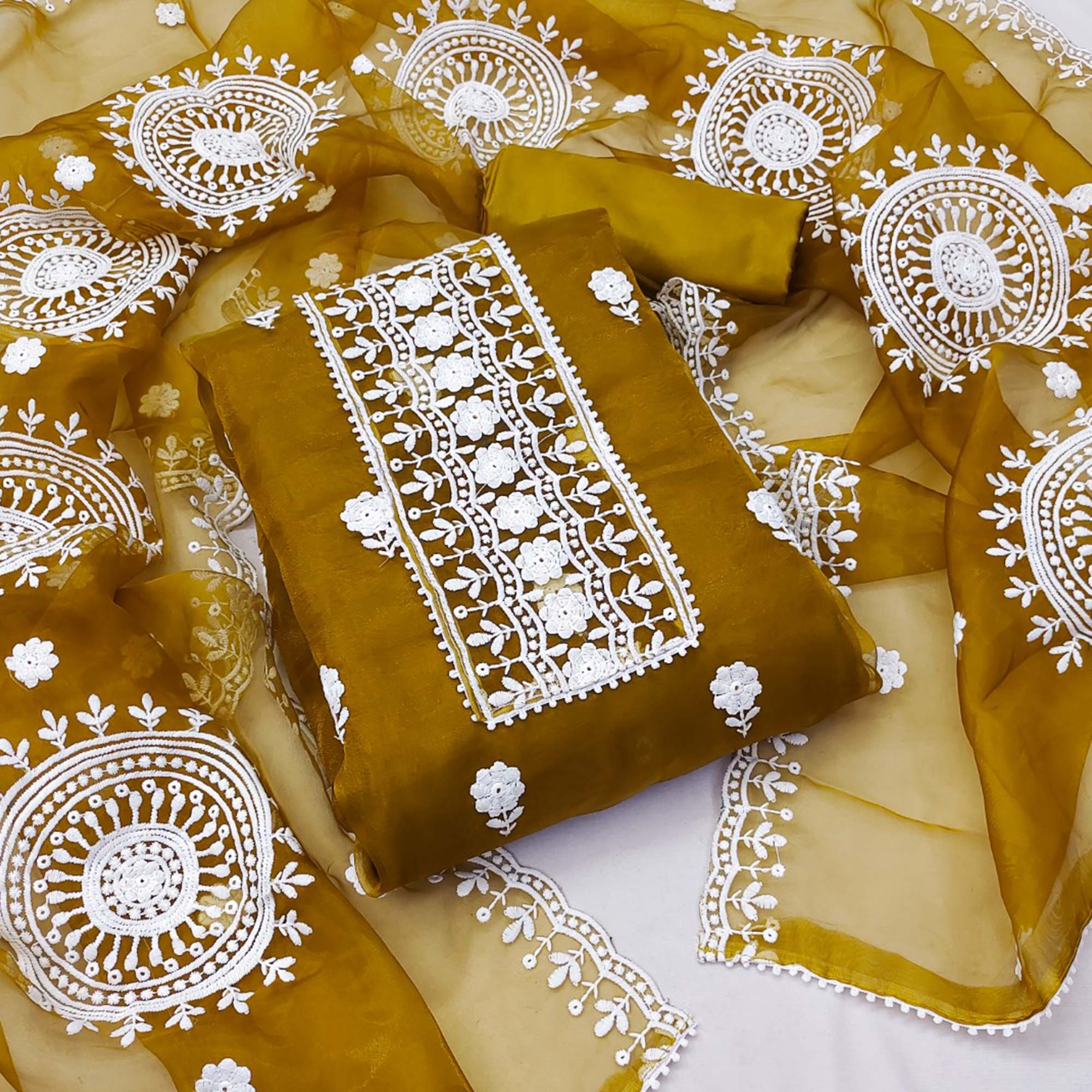 Dark Mustard Organza Dress Material With Intricate Floral Thread Embroidery