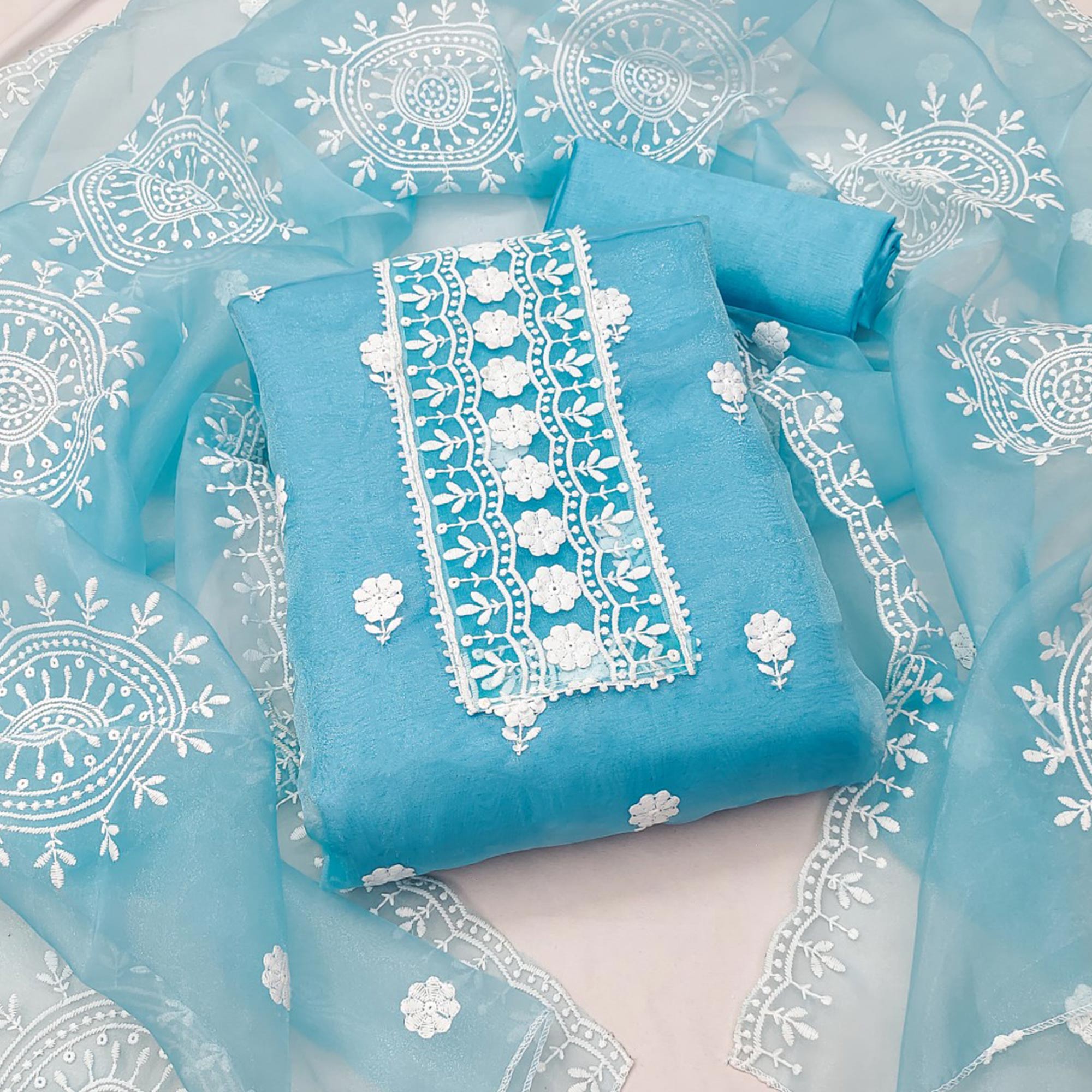 Sky Blue Organza Dress Material With Intricate Floral Thread Embroidery