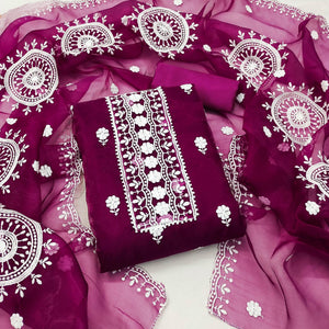 Wine Organza Dress Material With Intricate Floral Thread Embroidery