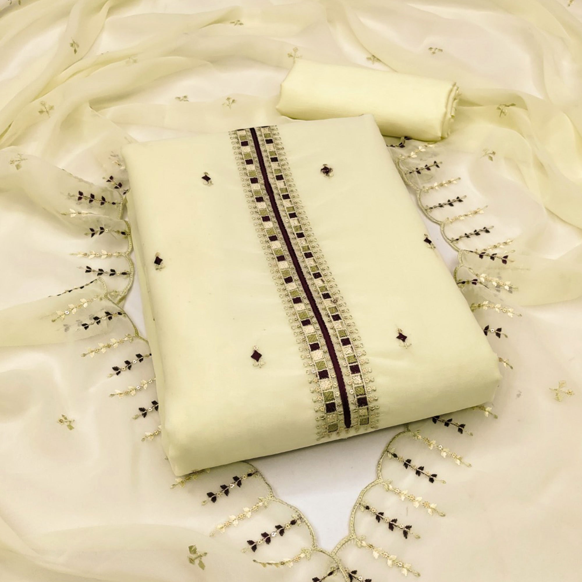 Light Yellow Sequins & Thread Embroidered Georgette Dress Material