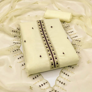 Light Yellow Sequins & Thread Embroidered Georgette Dress Material