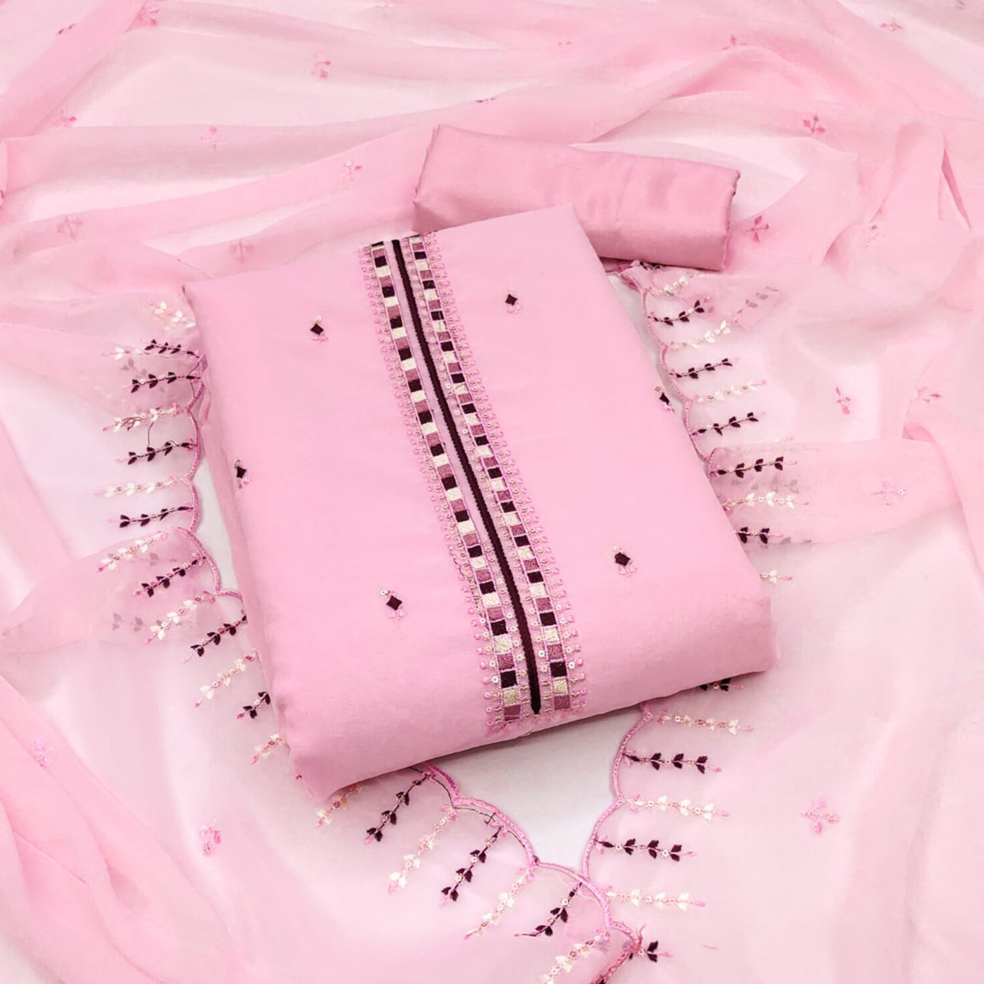 Pink Sequins & Thread Embroidered Georgette Dress Material