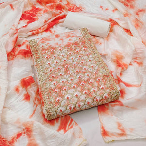 Peach Printed With Embroidery Cotton Blend Dress Material