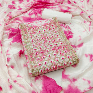 Pink Printed With Embroidery Cotton Blend Dress Material