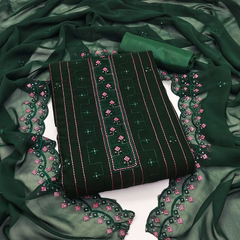 Green - 3pc Embroidered Work Merino Wool Unstitched Dress Material 12