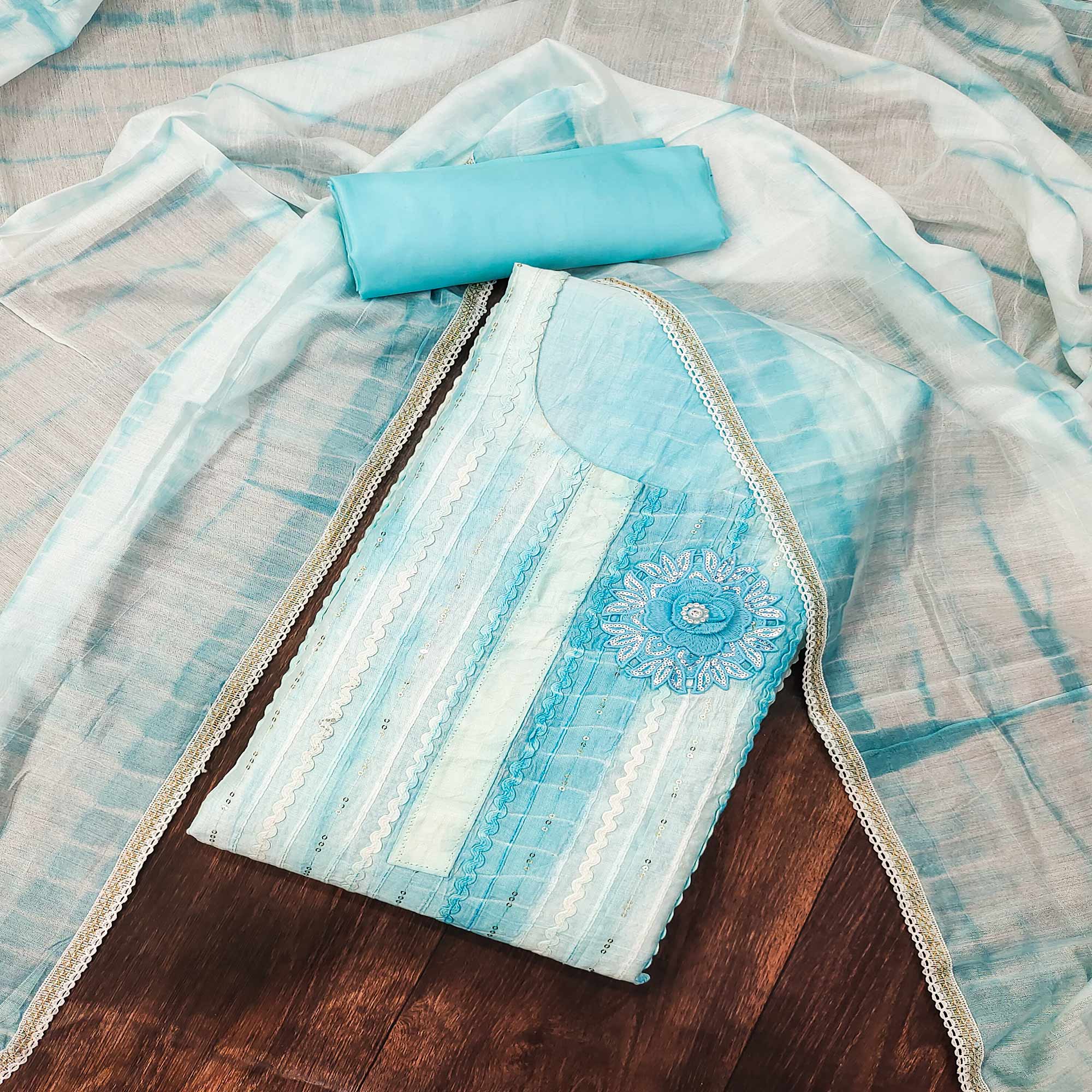 Blue Sequins Embroidered Chanderi Cotton Dress Material