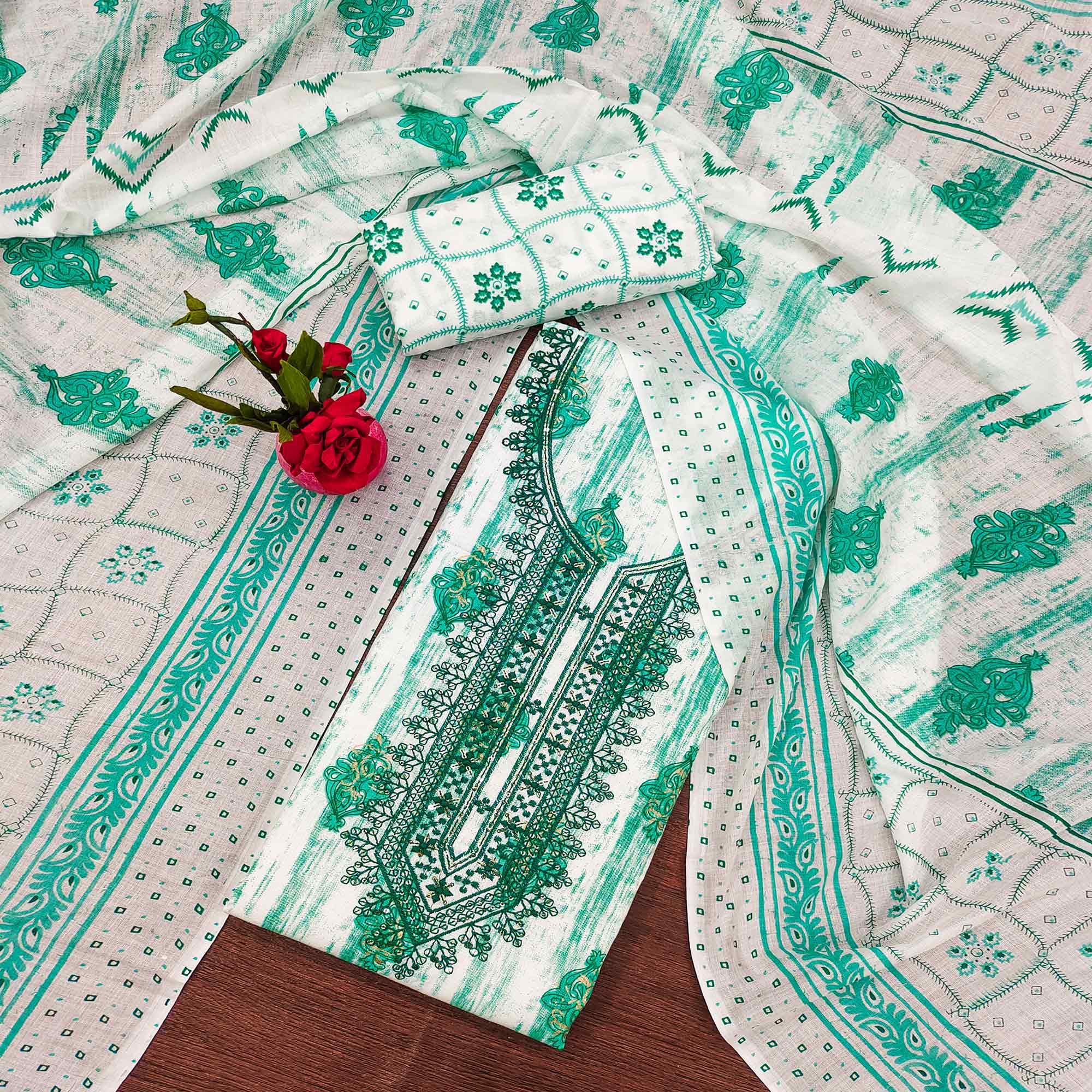 Green Printed With Embroidered Cotton Blend Dress Material