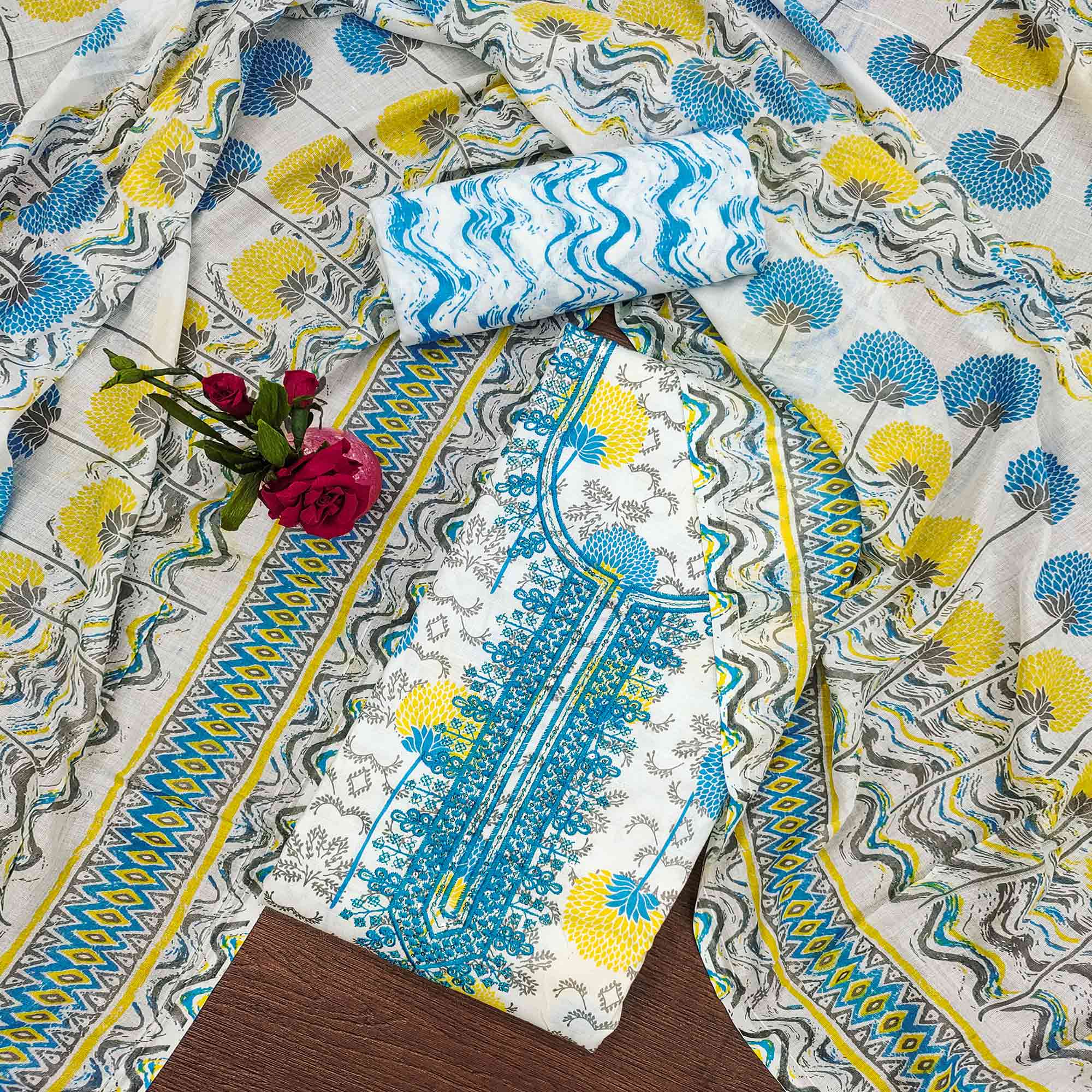 Blue & Yellow Floral Printed With Embroidered Cotton Blend Dress Material