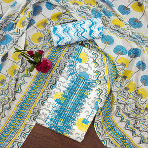 Blue & Yellow Floral Printed With Embroidered Cotton Blend Dress Material