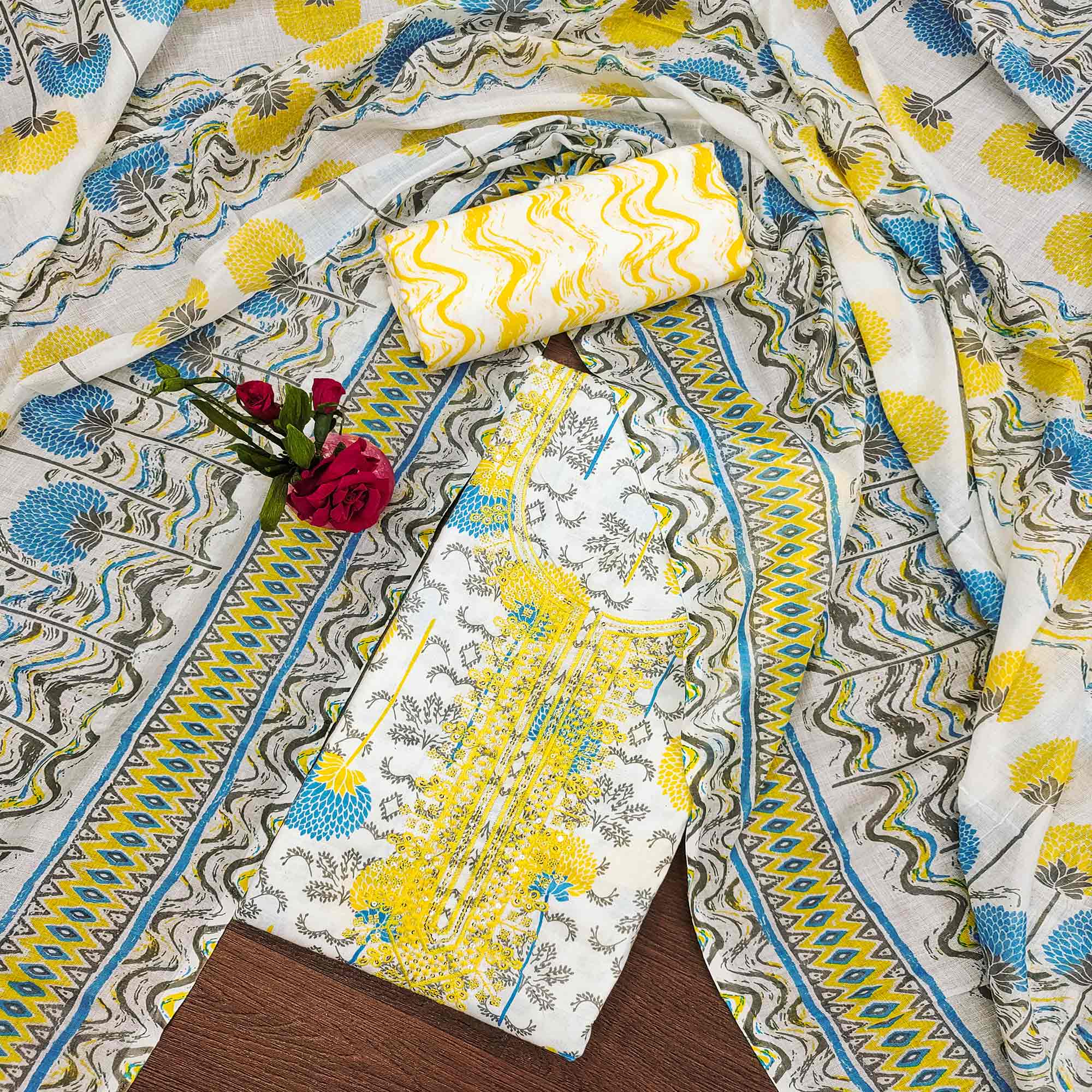 Yellow & Blue Floral Printed With Embroidered Cotton Blend Dress Material