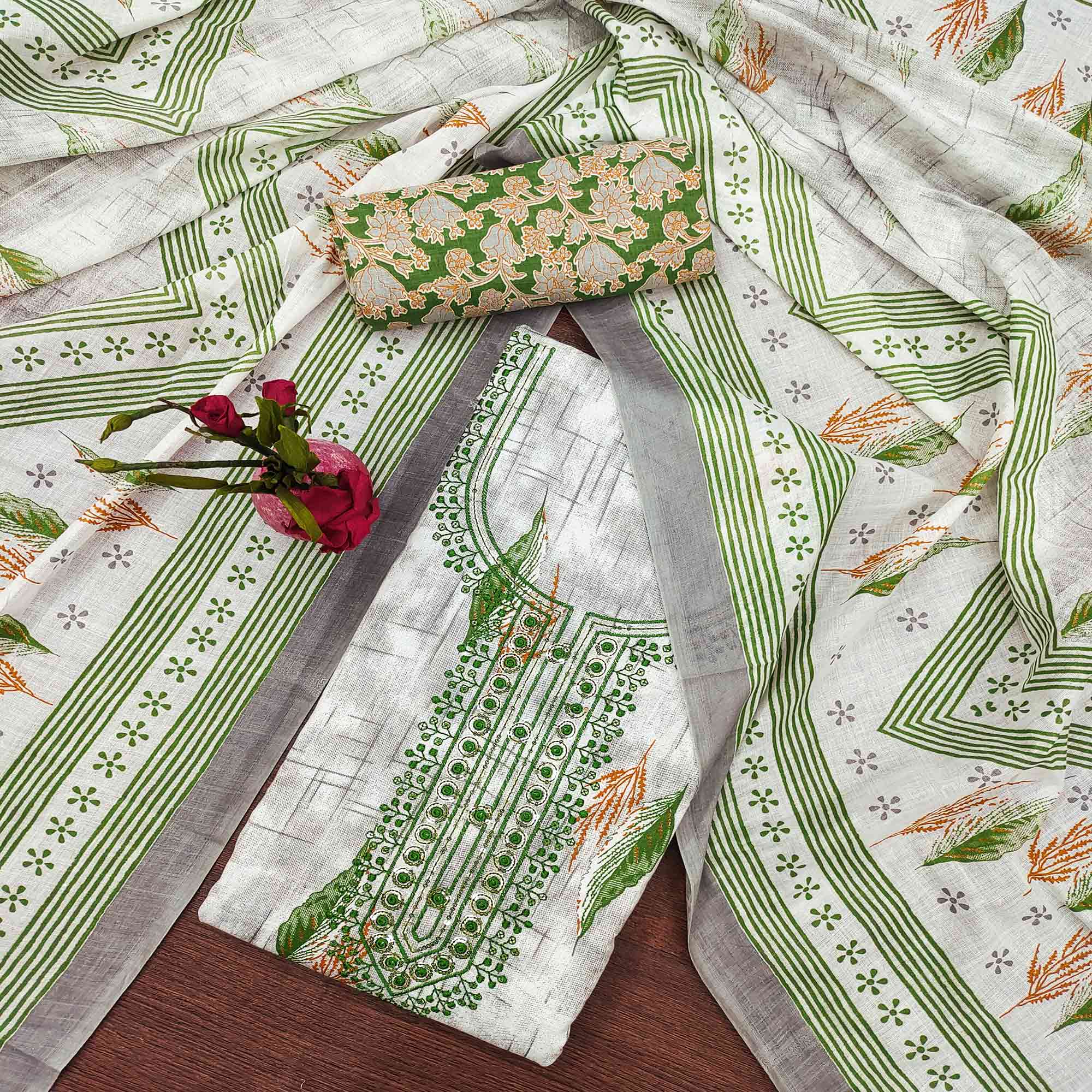 Green Floral Printed With Embroidered Cotton Blend Dress Material