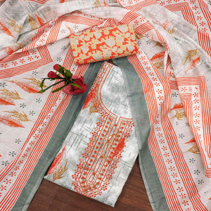 Orange Floral Printed With Embroidered Cotton Blend Dress Material